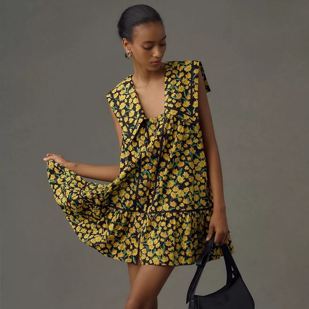 MAEVE ANTHROPOLOGIE Collared Poplin Swing Mini Dress Sunflower Print Black Sz S